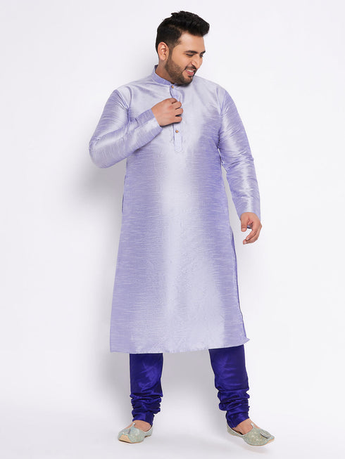 Jashvi Men's Plus Size Lavender Silk Blend Kurta And Blue Pyjama Set